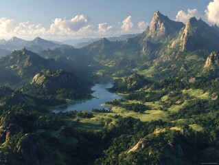 Snow-capped alpine peaks tower above a crystal-clear river winding through a meadow of spring blossoms, bathed in cinematic morning light and backlighting with soft atmospheric haze.