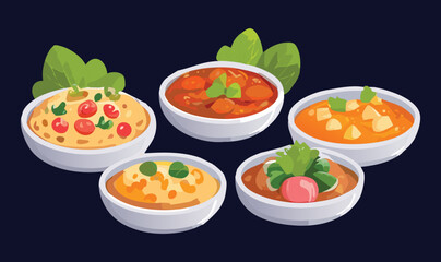 Set of Rice and Soup Menu Bowls - Vector Illustration
