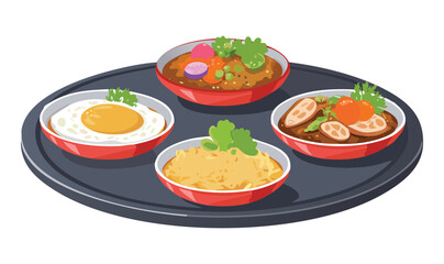 Set of Bowl with Salad and Fried Egg and Rice and Meat - Vector Illustration