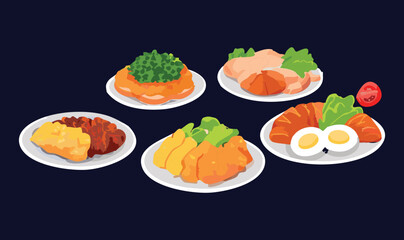 Set of Menu Plates Egg and Salmon and Other Dish - Vector Illustration
