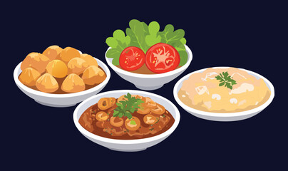 Bowls of Set Menu Stew and Potatoes and Tomatoes and Lettuce - Vector Illustration
