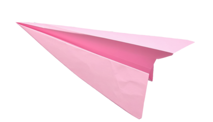 A sharply folded pastel pink paper airplane with crisp edges floating in midair symboliz 