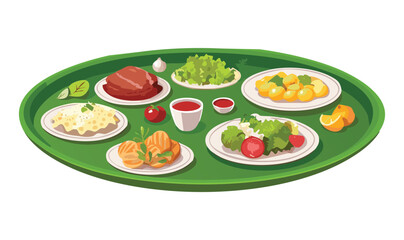 Tray with Set of Dishes Meat and Vegetables and Sauce - Vector Illustration
