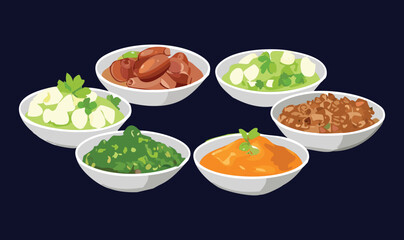 Bowls of Stew and Chops of Spinach and Rice and Chickpeas - Vector Illustration