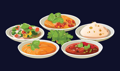 Plates with Hummus and Salad and Flatbread and Herbs - Vector Illustration