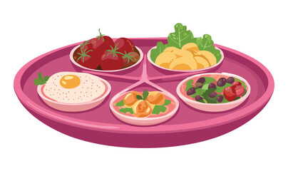 Healthy Set Food Bowls on Pink Platter - Vector Illustration