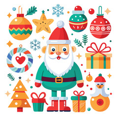 a collection of Christmas-themed illustrations, including Santa Claus, ornaments, wreaths, and gifts 