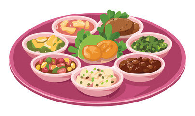 Pink Plate with Diverse Set of Savory Food - Vector Illustration