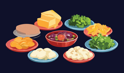 Assorted Cheese and Side Dishes on Plate - Vector Illustration