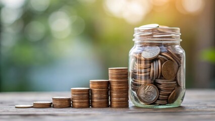 goal setting investment cocept A glass jar filled with coins, alongside stacked coins, symbolizes savings and financial growth.