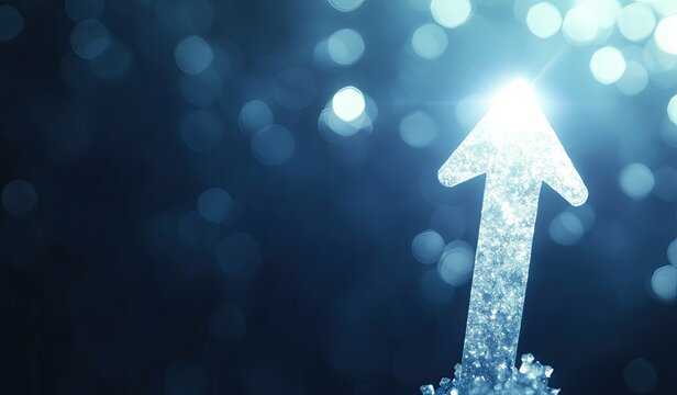 Sparkling upward arrow on dark background