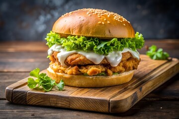 Chicken Burger
"Crispy fried chicken burger with lettuce, mayo, and brioche bun, served on a wooden board"