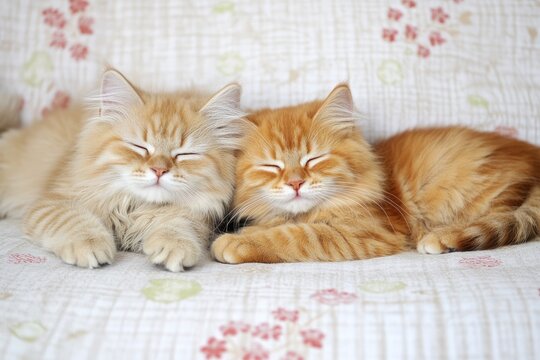 Two ginger kittens resting on a patterned couch.  They are  close together,  eyes closed,  looking peaceful,  with fluffy fur