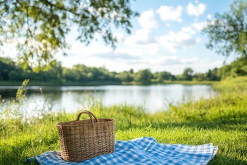 Picnic basket on a blanket near a lake for outdoor activities, relaxation, and summer events.