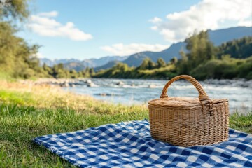 Wicker basket on a checkered blanket near a river with mountains for picnic, travel, and vacation uses