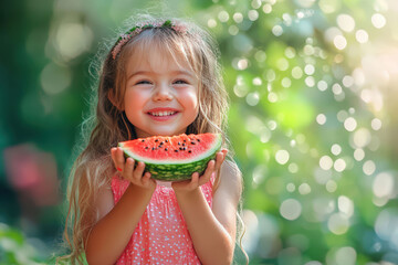 Joyful Little Girl Eating Watermelon Outdoors
