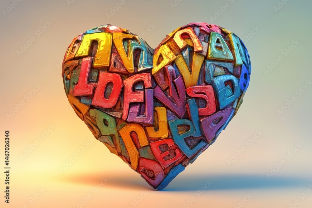 Poster a colorful heart shape formed from various letters of the alphabet on a soft gradient background