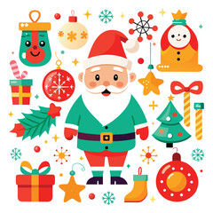 a collection of Christmas-themed illustrations, including Santa Claus, ornaments, wreaths, and gifts 