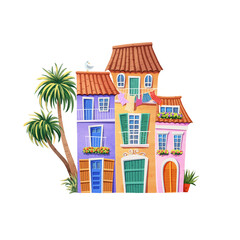 Colorful Mediterranean Town Houses with Palm Tree Illustration