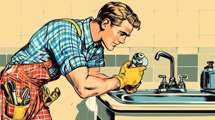 Retro Illustration: Plumber Repairing a Kitchen Sink