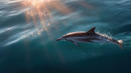 Fototapeta premium A striped dolphin mid-air with the sun reflecting off its wet body, sea stretching endlessly below
