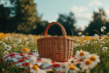 Wicker picnic basket on a blanket in a field of flowers.