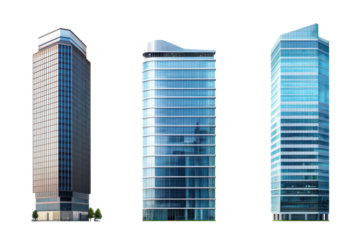 Tall modern skyscrapers and office buildings isolated on white background in high quality transparent png format
