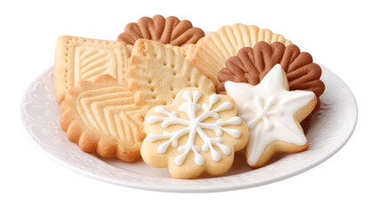 A delightful variety of shaped cookies in festive designs sits on a white plate, showcasing intricate patterns perfect for a holiday gathering or special occasion