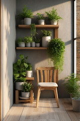 Modern home with indoor vertical garden on the wall, warm light