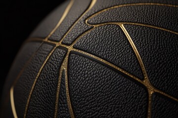 A close up shot of a black basketball with gold lines on a dark background showing the texture of the ball