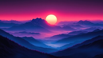 Fototapeta premium Majestic mountain range at sunset, vibrant colors. Misty valleys, peaks, and ridges
