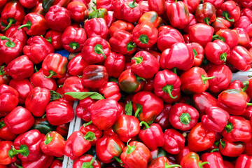Freshly harvested red bell peppers piled up for sale at a local market