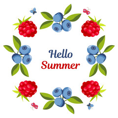 Hello Summer. A postcard with summer berries. Beautiful summer wild berries, blueberries, raspberries. Vector template for postcards, banners, invitations, social media posts, posters, mobile applicat