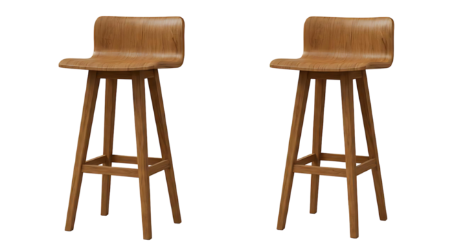 Wooden bar stool with metal footrest photographed from two angles on a white background. Studio shot for furniture catalog or design concept.	
