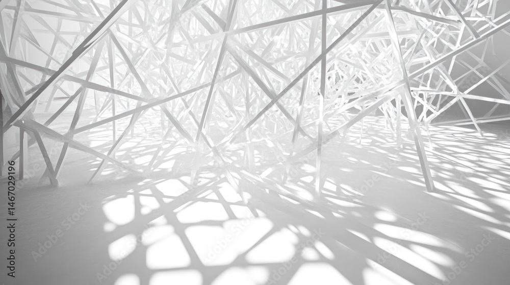 Poster abstract white geometric structure with intersecting lines and shadows.