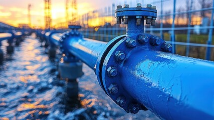 Blue pipe system with valve over water at sunset