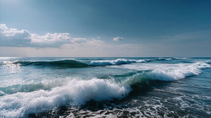 A vibrant view of the ocean horizon with rolling waves meeting the distant sky, creating a dynamic and calming scene