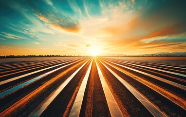Stunning sunset over agricultural rows