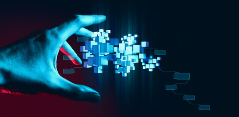 programer people or businessman hand touching interactive to hologram of network technology computer online system, business and finance application