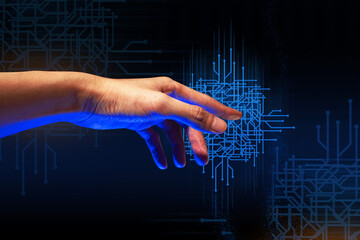 programer people or businessman hand touching interactive to hologram of network technology computer online system, business and finance application