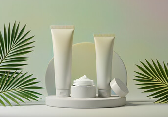 Cosmetic Tubes and Cream on Platform with Leaves