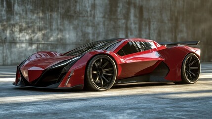 Red sports car parked in a city alley.