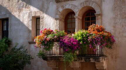 Fototapeta premium Beautiful flower arrangements cascading from a balcony under an arched window on a sunlit stucco house