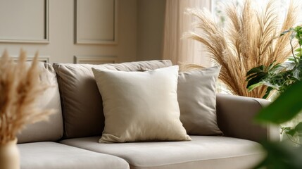 Blank cushion on a comfortable sofa, perfect for home decor styling or relaxation, set in a peaceful living room