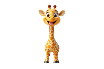 Obraz premium A cheerful cartoon giraffe with large eyes and a wide smile stands joyfully on all fours, isolated on a transparent background