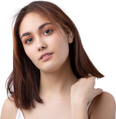 Fototapeta premium Beautiful smiling woman with clean skin, natural make-up and white teeth on a gray background