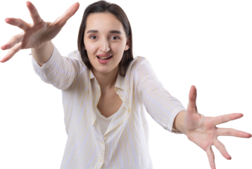 Portrait of attractive young woman wants to hug you, isolated on grey background.