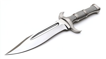 Fototapeta premium A gleaming, ornamental dagger with a polished steel blade and textured handle rests diagonally against a stark white backdrop, highlighting its elegant design.