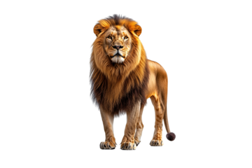 A full-maned lion stands confidently, body alert and proud, ruler of his surrounding domain, isolated on a transparent background