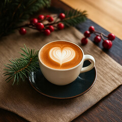 Latte art coffee with pine decor